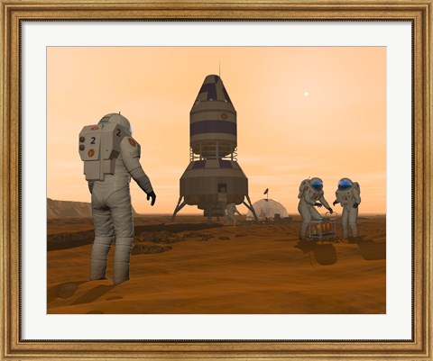 Framed Illustration of Astronauts Setting up a Base on the Martian Surface around their Lander Vehicle Print