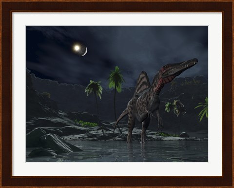 Framed Asteroid Impact on the Moon while a Spinosaurus Wanders in the Foreground Print