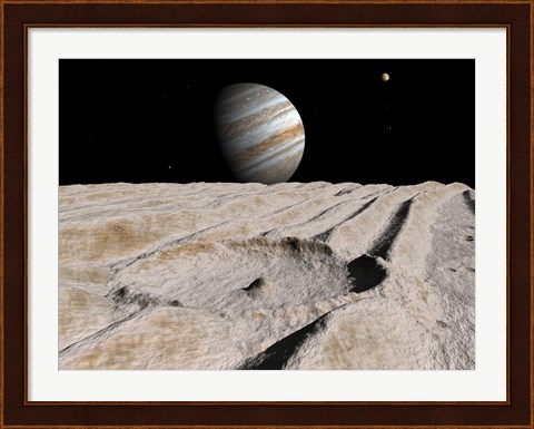 Framed Artist&#39;s Concept of an Impact Crater on Jupiter&#39;s Moon Ganymede, with Jupiter on the Horizon Print