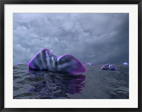 Framed Portuguese Man o&#39; War Swarm over the Surface of a Cambrian Ocean Print