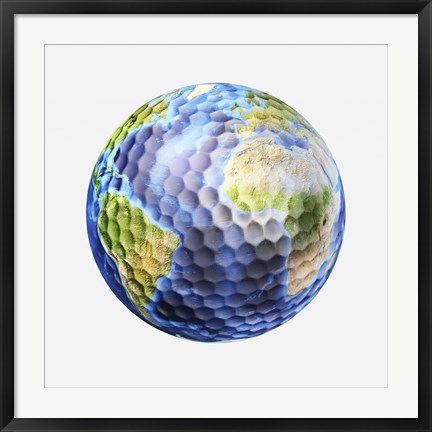 Framed 3D rendering of a planet Earth Golf Ball, White Background Print