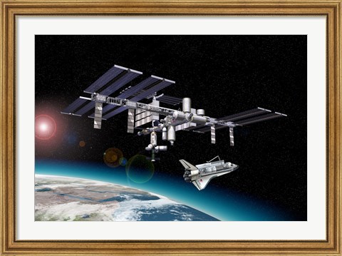 Framed Space Station in Orbit Around Earth with Space Shuttle Print