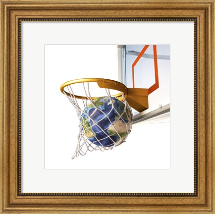 Framed 3D Rendering of Planet Earth Falling Into a Basketball Hoop Print
