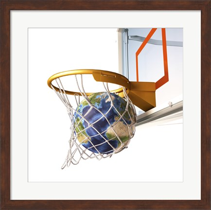 Framed 3D Rendering of Planet Earth Falling Into a Basketball Hoop Print
