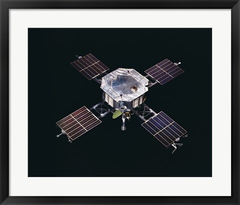 Framed Mariner 5 spacecraft Against a Black Background Print