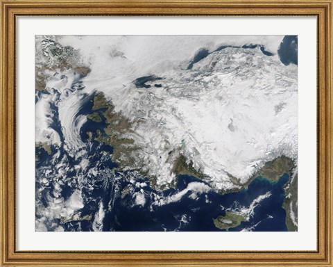 Framed Satellite view of the Republic of Turkey covered by Snow Print