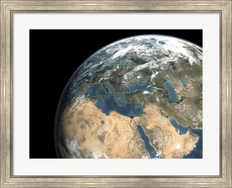 Framed Global view of earth over Europe, Middle East, and Northern Africa Print