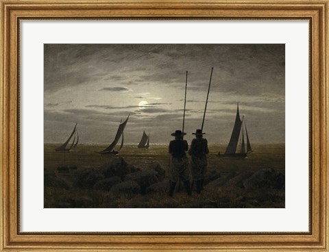 Framed Moonlit Night on the Beach, with Fishermen Print