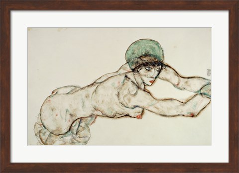 Framed Reclining Female Nude with Green Cap, Leaning to the Right, 1914 Print