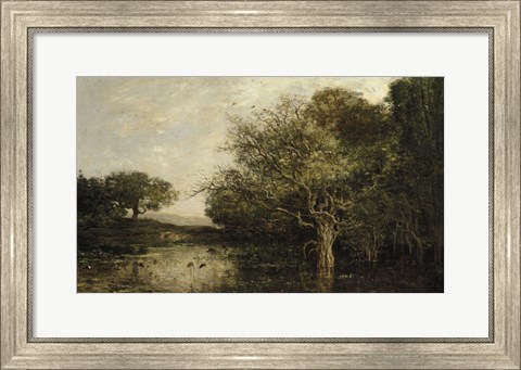 Framed Pond With Herons Print