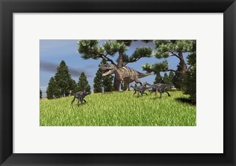 Framed Ceratosaurus Chasing Gigantoraptors Print