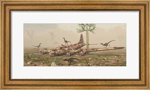 Framed Velociraptors and a B-17 Print
