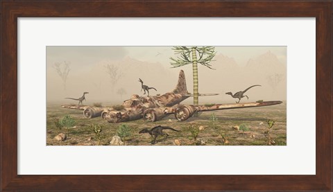 Framed Velociraptors and a B-17 Print