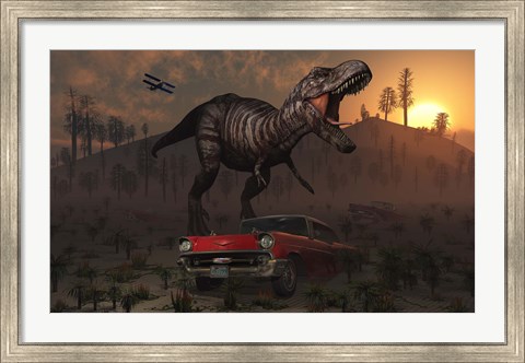 Framed Dinosaur and Classic Car Print