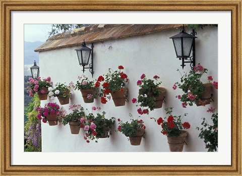 Framed Geraniums along White Wall of Palacio de Mondragon, Ronda, Spain Print
