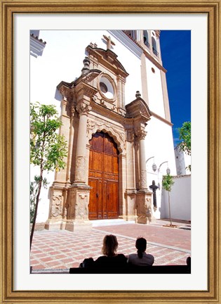 Framed Silhouette of Women Talking in Front of Cathedral, Marbella, Spain Print