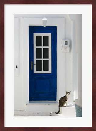 Framed Village Door with Cat, Kokkari, Samos, Aegean Islands, Greece Print