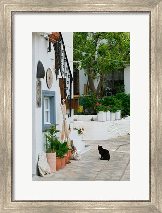 Framed Street View with Black Cat, Manolates, Samos, Aegean Islands, Greece Print