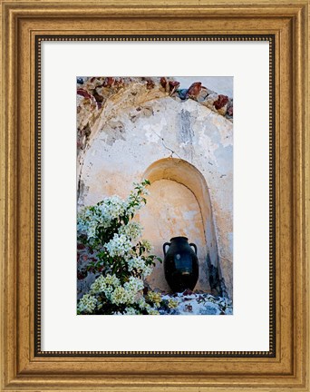 Framed Pottery and Flowering Vine, Oia, Santorini, Greece Print