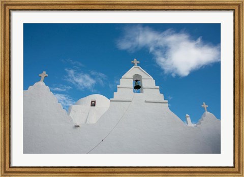 Framed Greece, Cyclades, Mykonos, Hora Church rooftop with Bell Tower Print