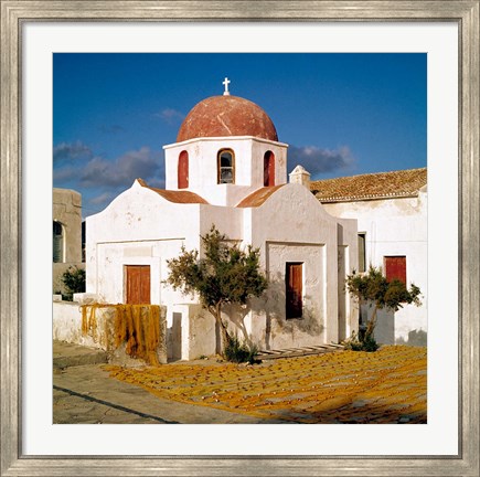 Framed Greece, Mykonos, Church, Fishing Nets Print