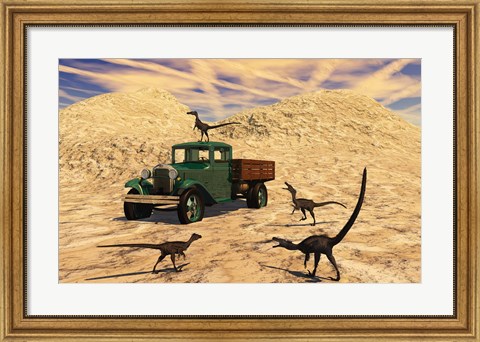 Framed Velociraptors React Curiously to a 1930&#39;s American Pickup Truck Print
