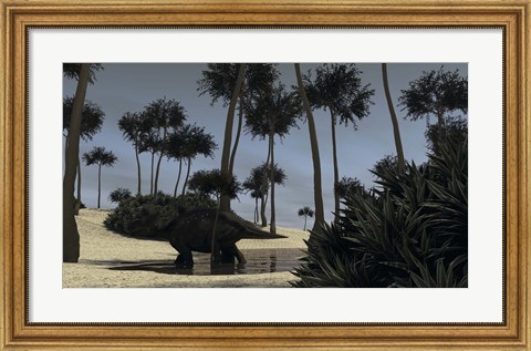 Framed Triceratops Roaming in a Riverbed Print