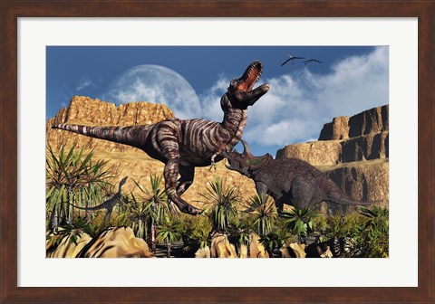 Framed Confrontation between Tyrannosaurus Rex and Triceratops Print