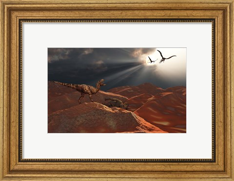 Framed T Rex and Quetzalcoatlus Discover the Carcass of a Triceratops Print
