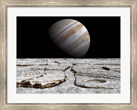 Framed Artist&#39;s concept of Jupiter as Seen Across the Icy Surface of its Moon Europa Print