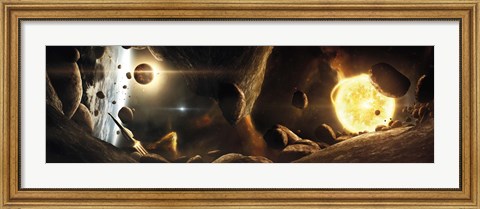 Framed Asteroid field next to an Earth-like Planet in a Dual-star System Print