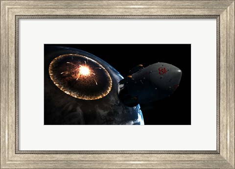 Framed Orion-drive spacecraft leaving Earth impacted by a Comet Print