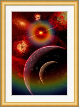 Framed alien planet and it&#39;s moon illuminated by the glow of Nebula gas clouds Print