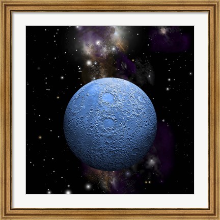 Framed Artist&#39;s depiction of a cratered moon in space with a Nebula in the background Print