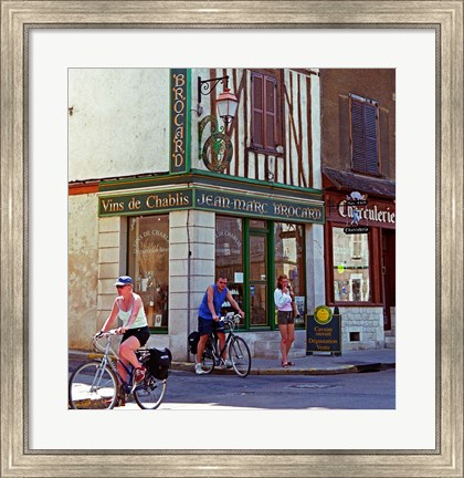 Framed Wine Shop and Cycling Tourists, Chablis, France Print