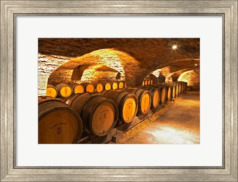Framed Oak Barrels in Cellar at Domaine Comte Senard Print