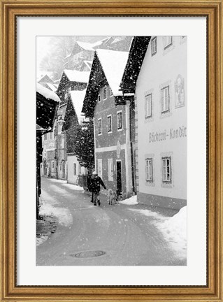 Framed Snowy Street in Hallstat, Austria Print