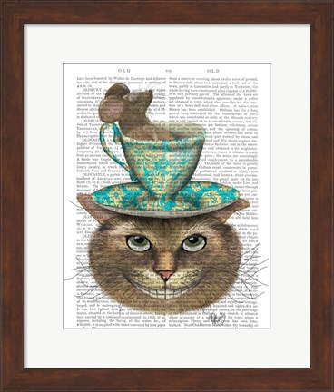Framed Cheshire Cat with Cup on Head Print