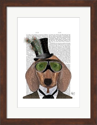 Framed Dachshund Green Goggles Top Hat Print