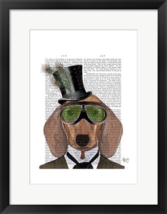 Framed Dachshund Green Goggles Top Hat Print