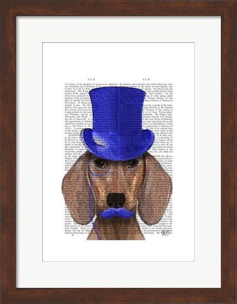 Framed Dachshund With Blue Top Hat and Blue Moustache Print
