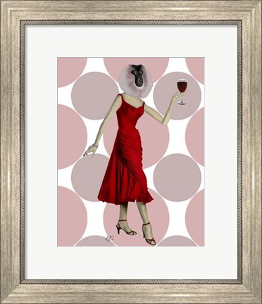 Framed Monkey in Red Dress with wine Print
