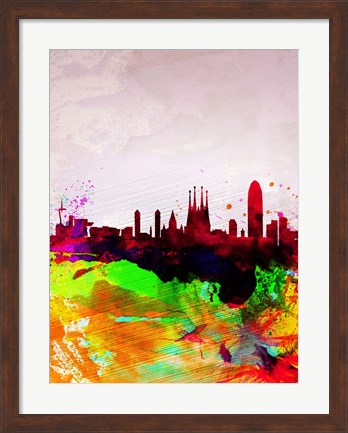 Framed Barcelona Watercolor Skyline Print