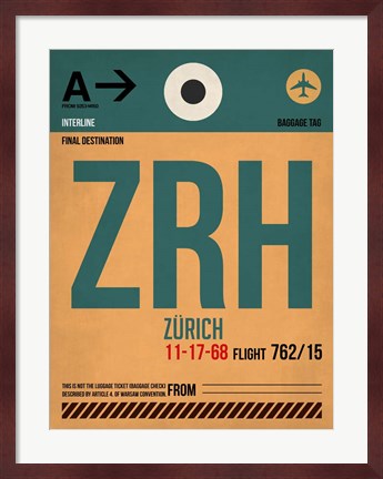 Framed ZRH Zurich Luggage Tag 1 Print