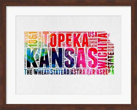 Framed Kansas Watercolor Word Cloud Print
