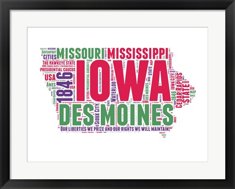 Framed Iowa Word Cloud Map Print
