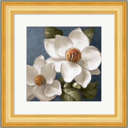 Framed Magnolias on Blue II Print