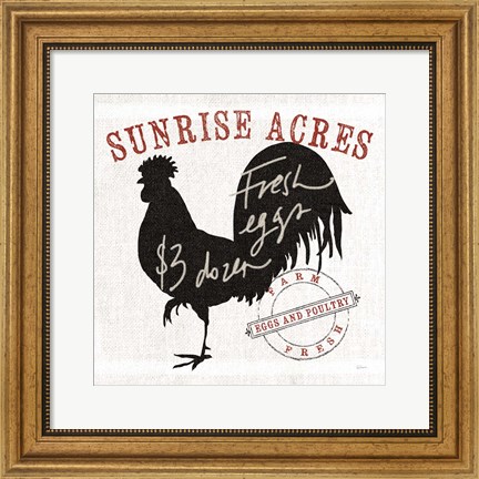 Framed Farm Linen Rooster Black Print