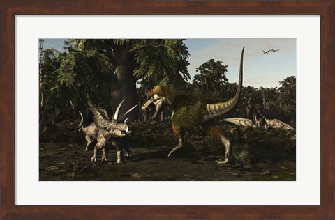 Framed Bistahieversor Attacking a Pair of Pentaceratops Print