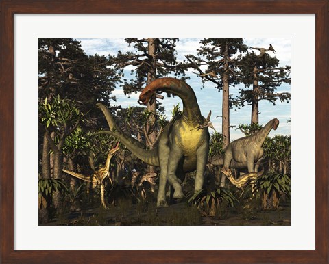 Framed Jobaria Dinosaur Is Menaced By Afrovenators In Jurassic North Africa Print